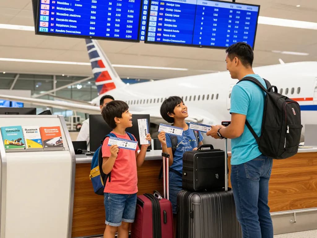 Excited family checking in for their flight on 789P at the airport.