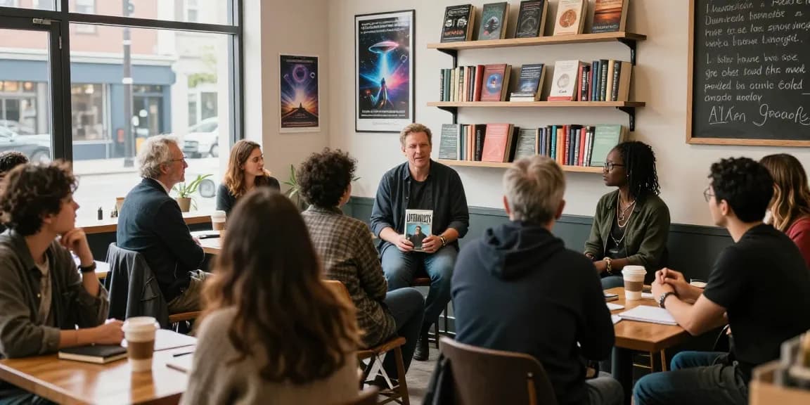 T Allen Greenfield discussing his book UFOnauts at https://tallengreenfield.com, engaging an attentive audience in a cozy literary café.