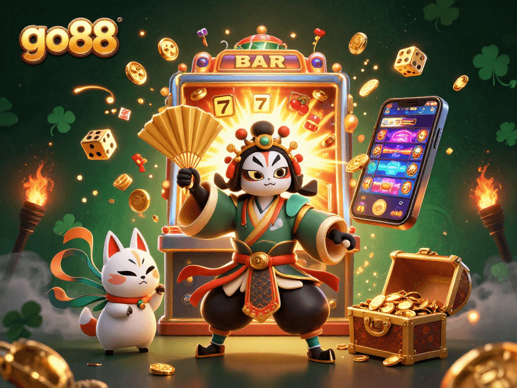 Experience the thrilling aura of go88 with dynamic characters amidst a jackpot explosion in this vibrant casino scene.