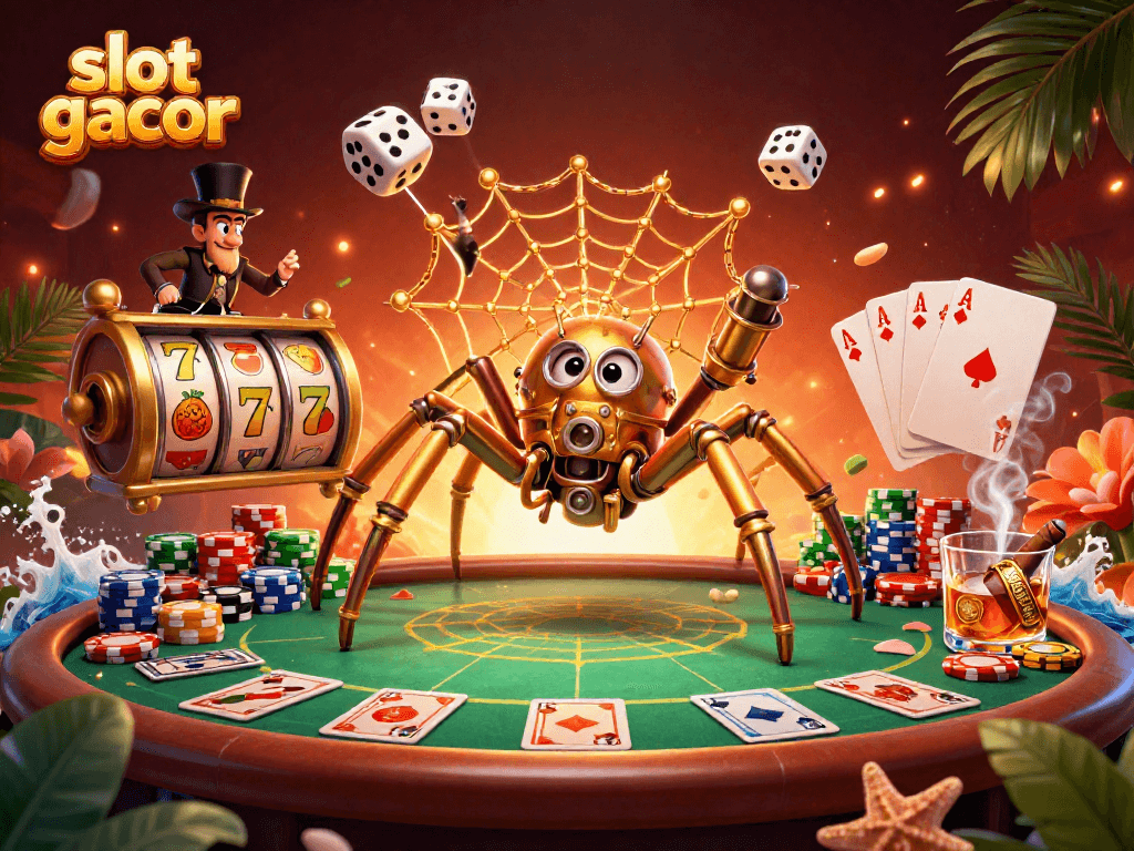 Slot gacor menarik perhatian dengan laba-laba steampunk berkilau dan elemen kasino.