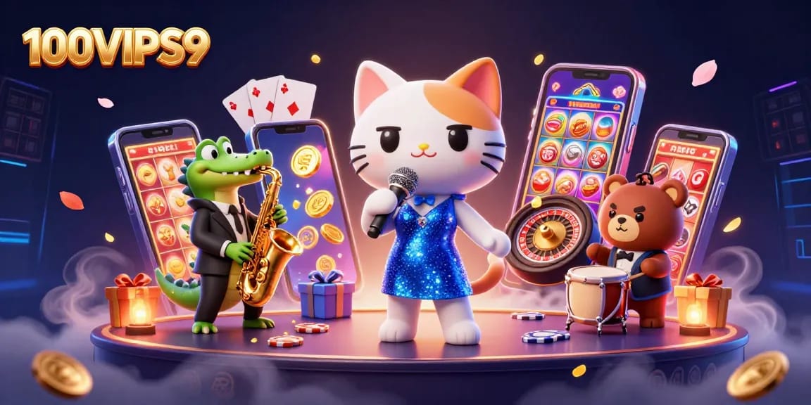 Experience the vibrant action of 100VIPS9 with animated characters in a dynamic casino scene.