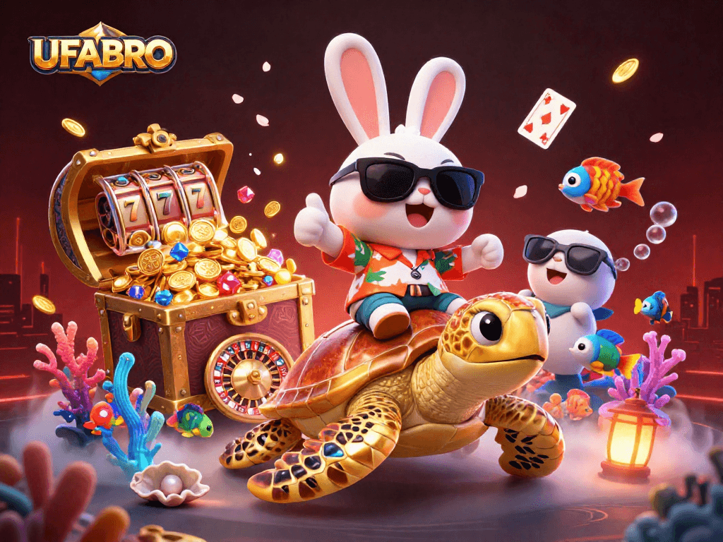 Bet big with UFABRO's dynamic 3D illustration featuring a lucky rabbit and a golden sea turtle.