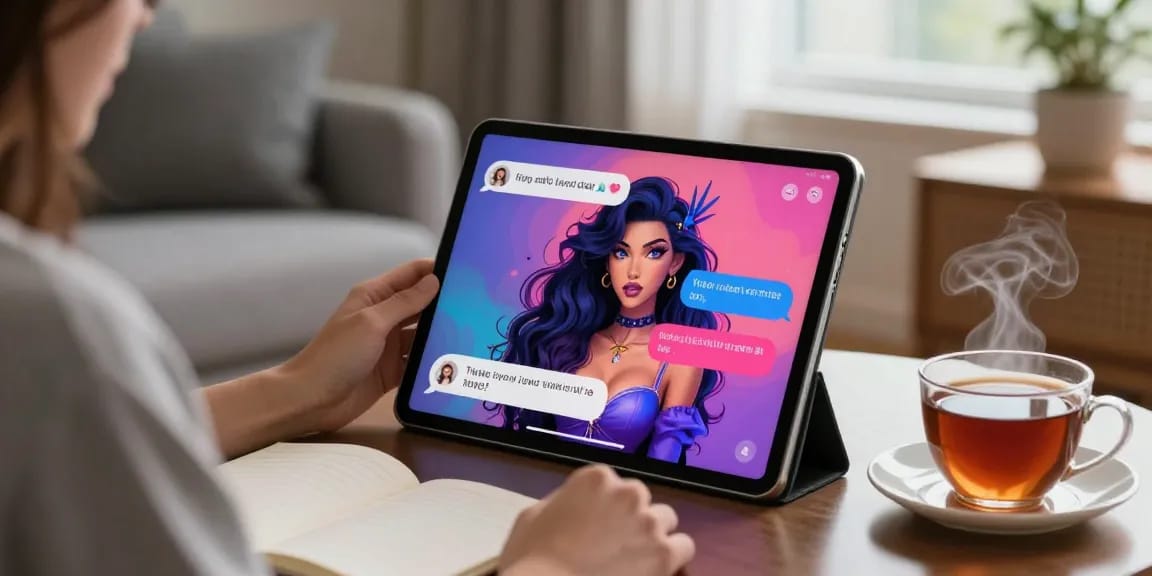 Engaging nsfw ai interaction on a tablet in a cozy modern setting.
