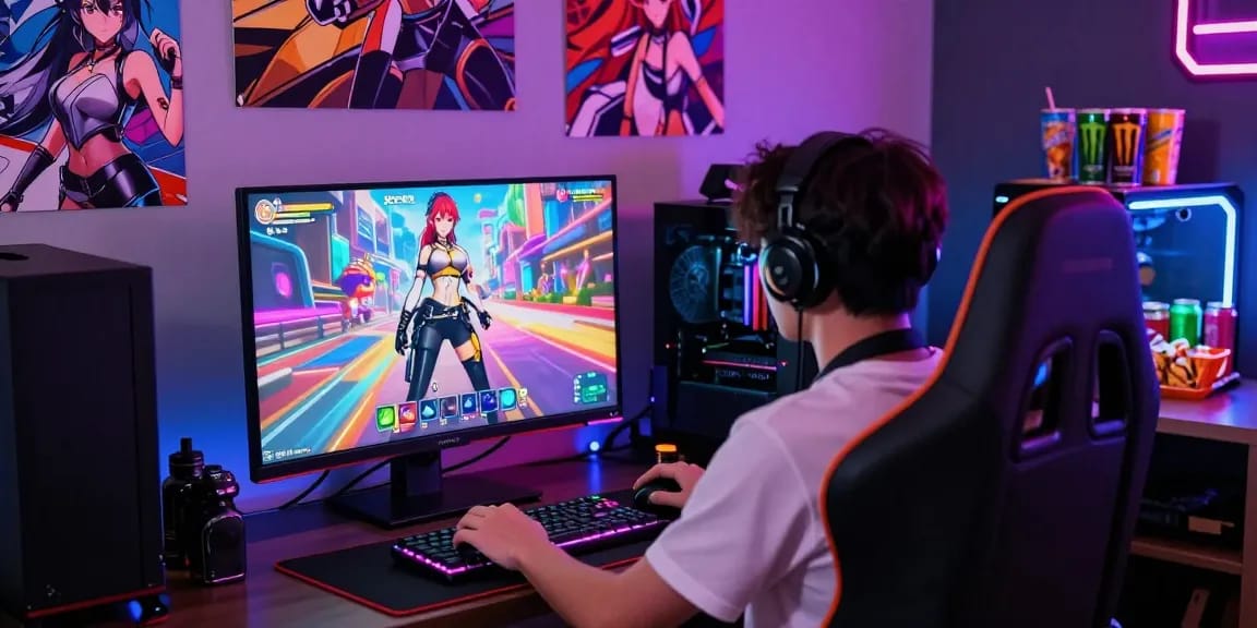 Gamer immersed in an ecchi game, vibrant visuals on screen, dynamic gaming accessories.