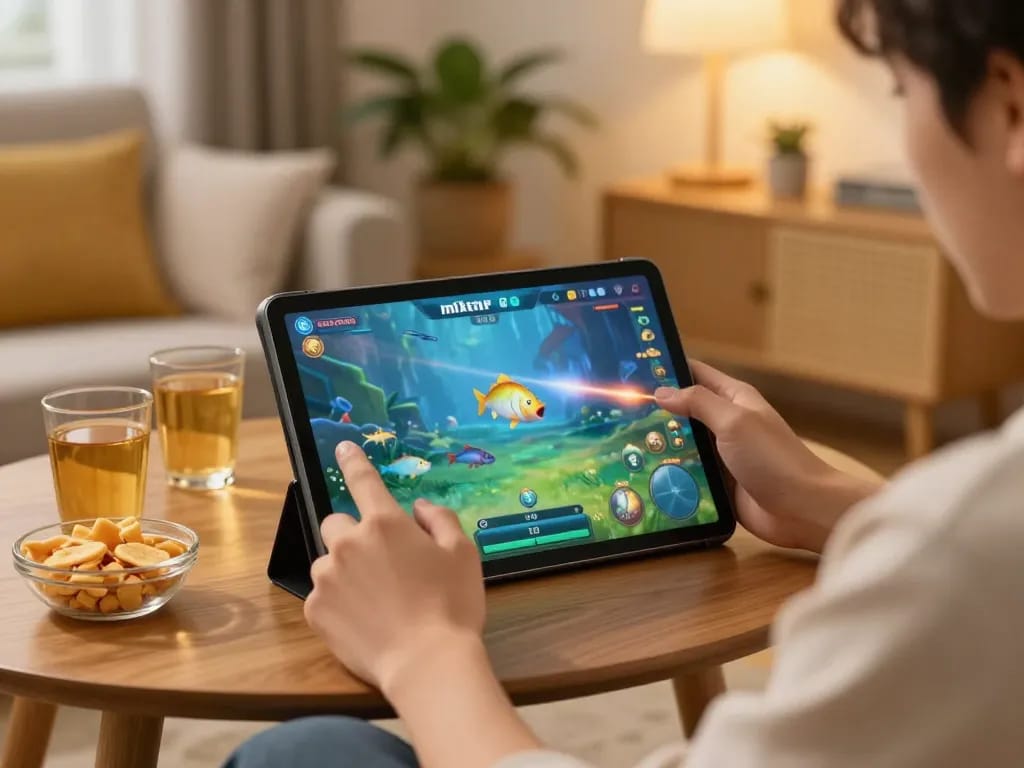 Mẹo chơi bắn cá Luck8 showcased in an engaging online gaming scene at home with a player aiming for aquatic targets.