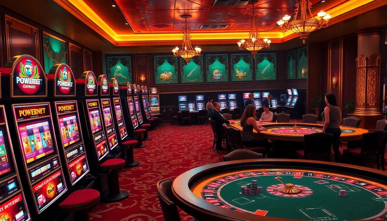 Players enjoying slot machines and poker at a lavish casino featuring POWERNET technology.