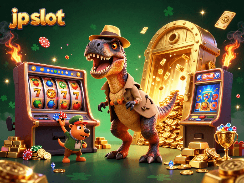 Experience thrilling jp slot action with a velociraptor at a slot machine amidst gold treasures and vibrant gaming elements.
