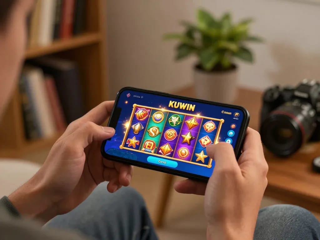 Kuwin mobile gaming experience with vibrant slot games displayed on smartphone screen in a cozy home setting.