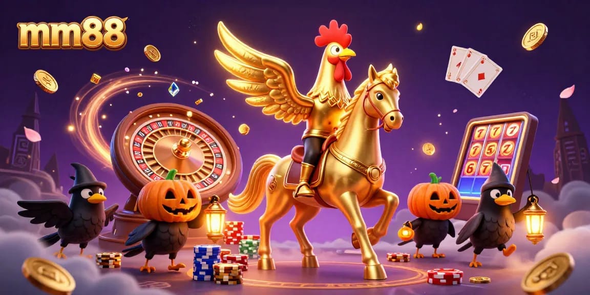 Experience thrilling mm88 gaming with golden rooster riding in a vibrant casino scene.