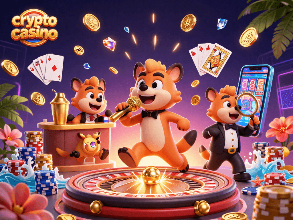 Engage in a lively crypto casino scene with hyena characters featuring comedy and gaming elements.