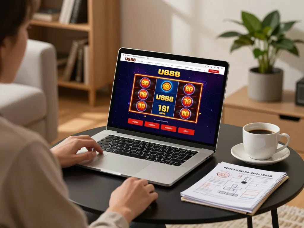 Engaging in online gaming at U888 with vibrant slots displayed on a laptop in a cozy living room.