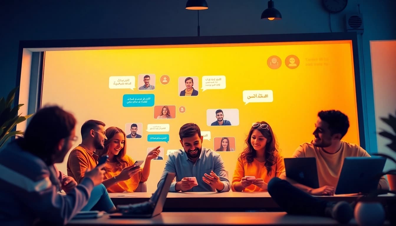 مشهد رقمي جذاب لمستخدمين في شات دردشتي يتفاعلون عبر الدردشة المرئية والنصية على منصة حديثة.