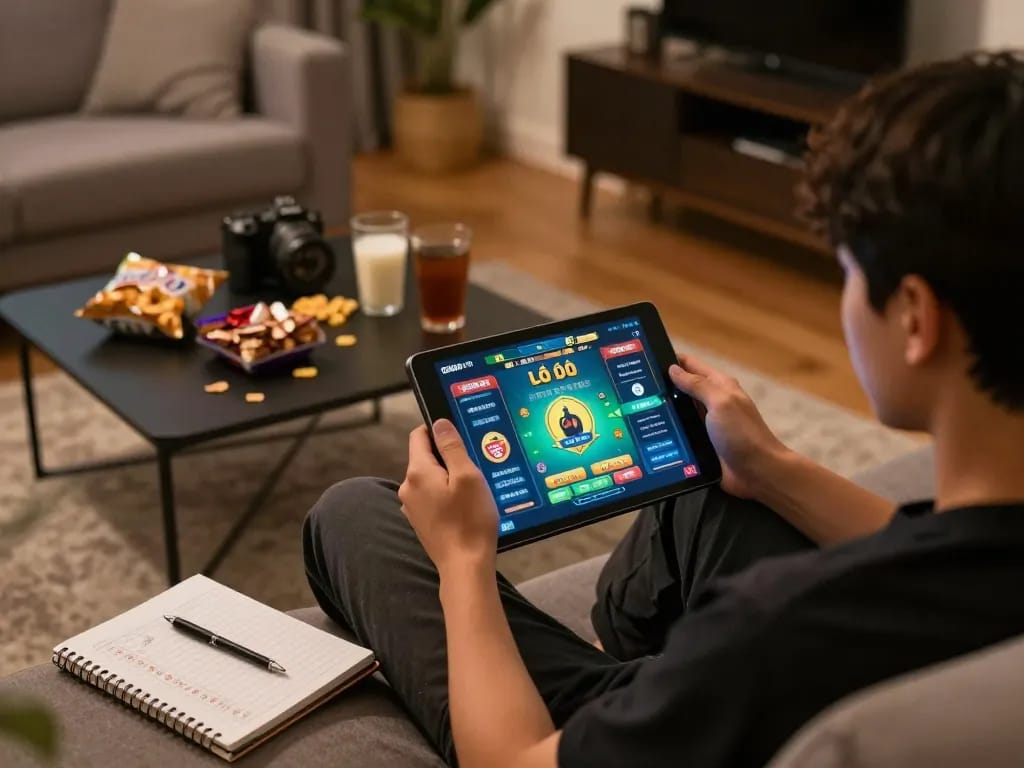 Lô đề online gaming experience at home with user engaged on tablet and betting strategies visible