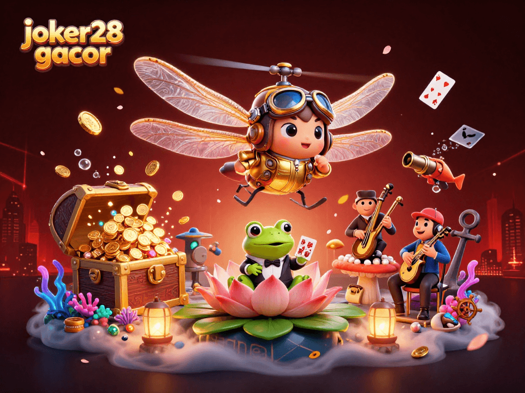 Visualisasikan joker28 gacor dengan suasana kasino ceria dan berbagai elemen permainan yang dinamis.