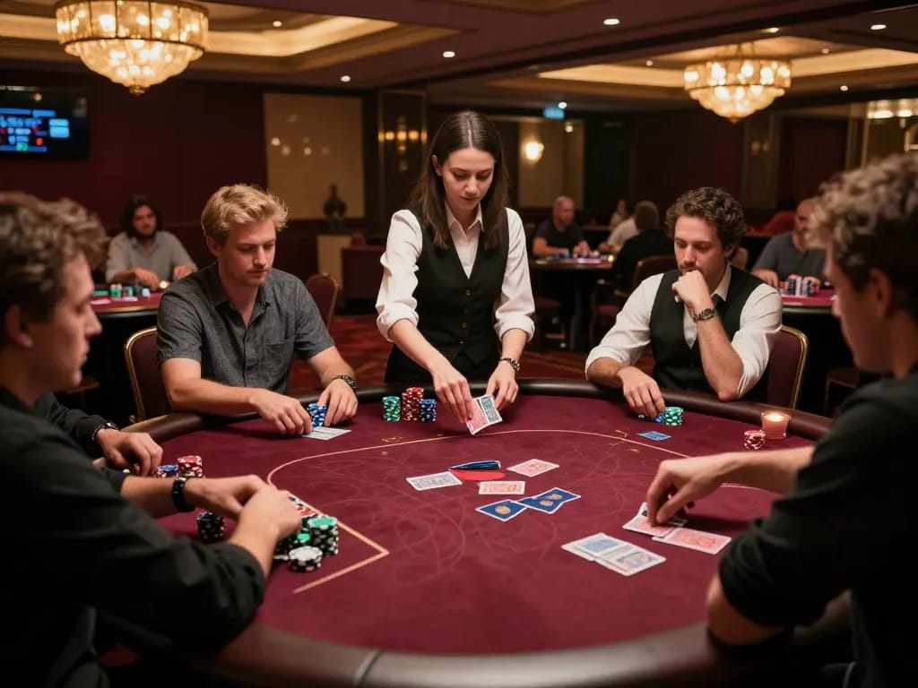 Engaged players at a luxurious casino poker table showcasing the exciting atmosphere of https://luckywin.solutions/.