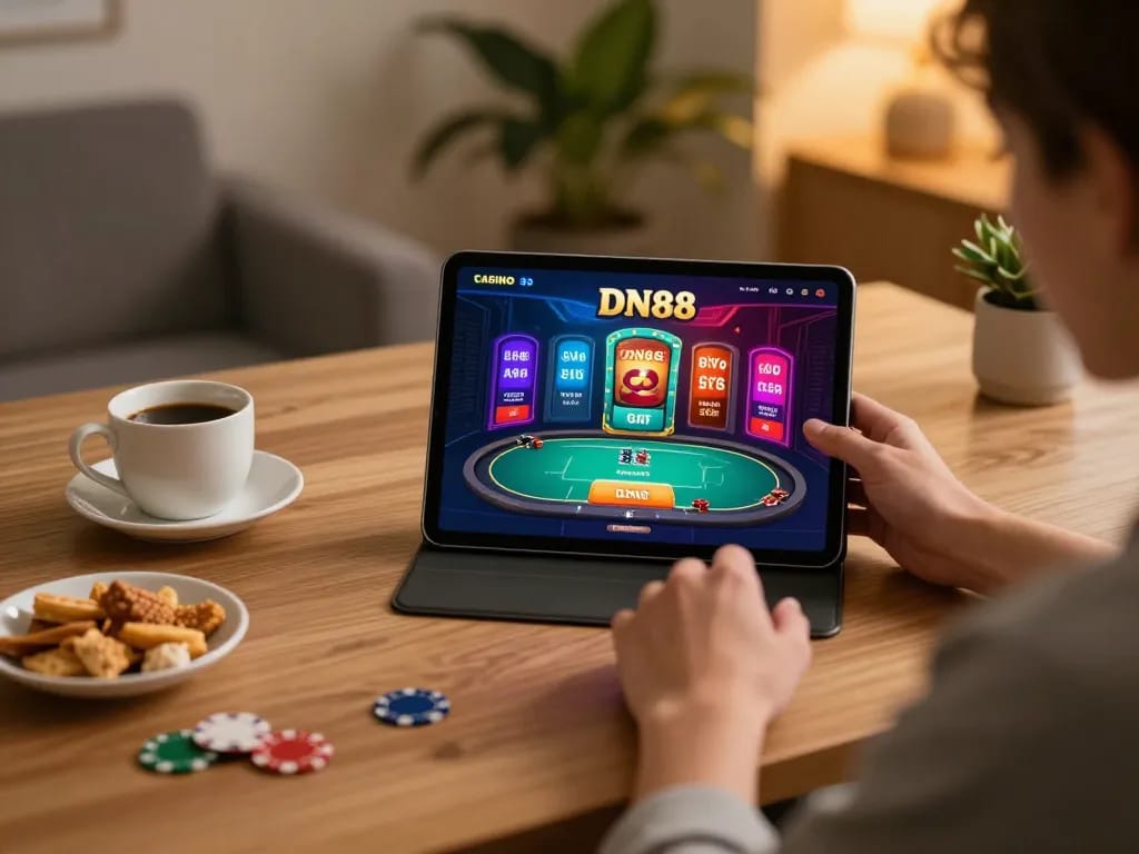 Engaging in the DN88 casino app for strategic gaming at home, showcasing a cozy setup.