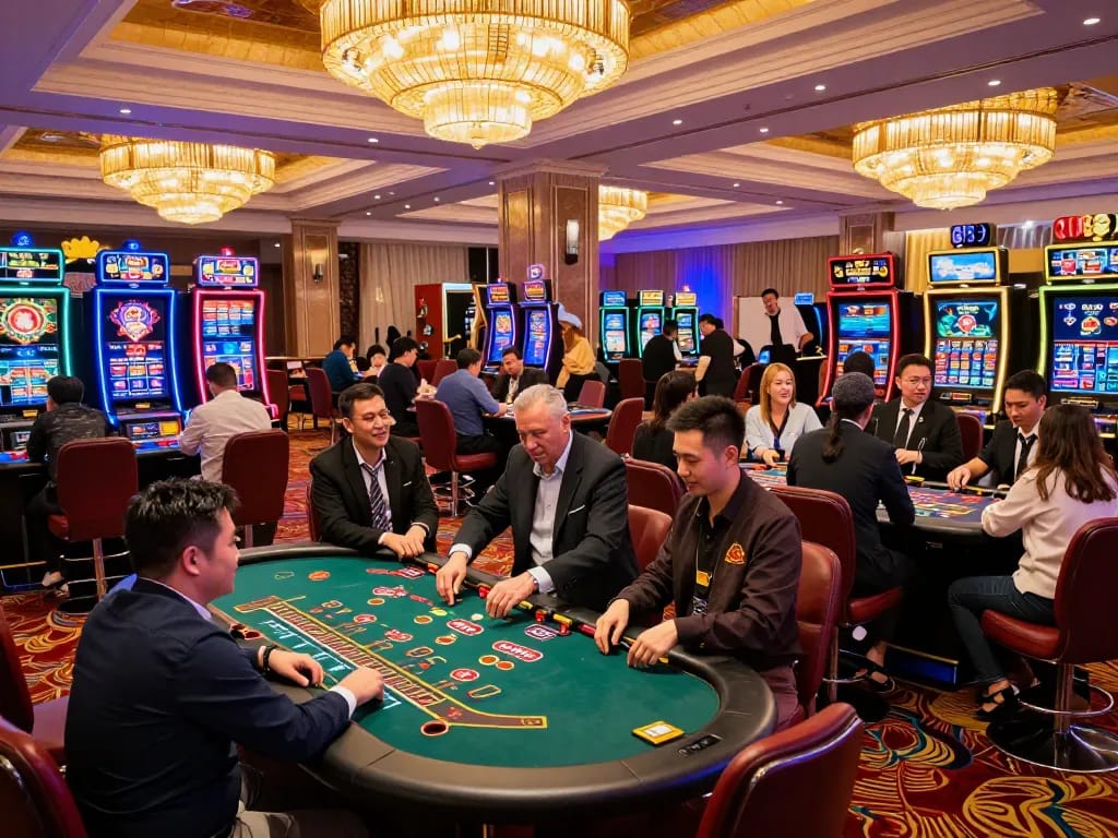 Players strategize across vibrant tables at cm88viet casino, surrounded by energetic ambiance.