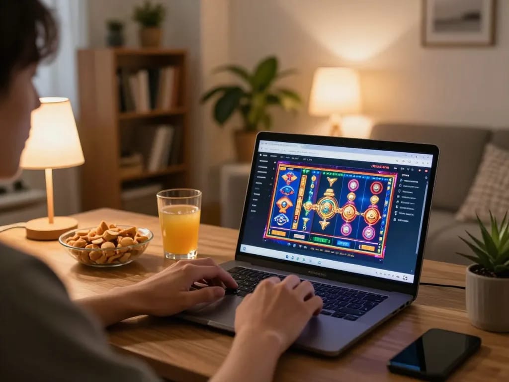 IDNSCORE online gaming session showcasing vibrant slot games on a laptop screen, relaxed atmosphere with snacks.