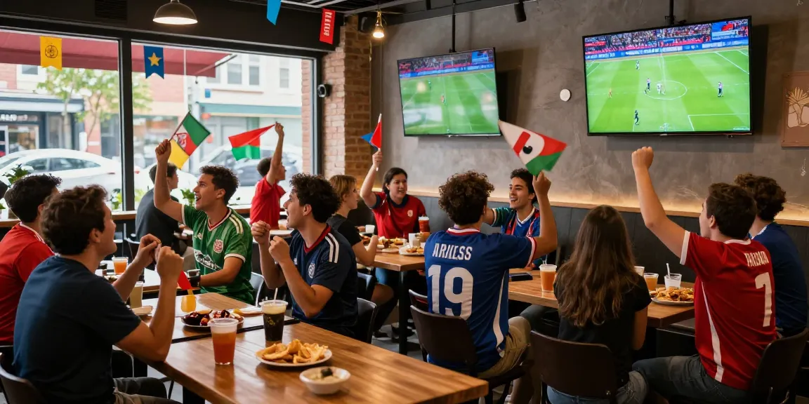 Fans enjoying مباريات اليوم at a local café, celebrating soccer with jerseys and live screens
