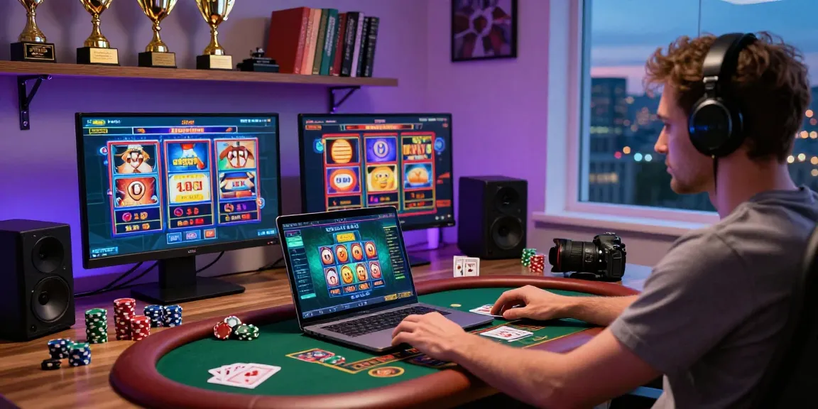 Exciting online gaming experience with betebet platform on laptop, casino accessories around.