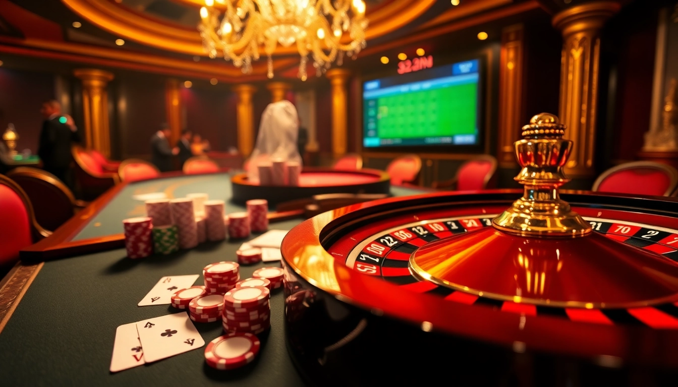 Experience the thrilling atmosphere of 32win.com with vibrant poker chips and a roulette wheel, embodying casino elegance.