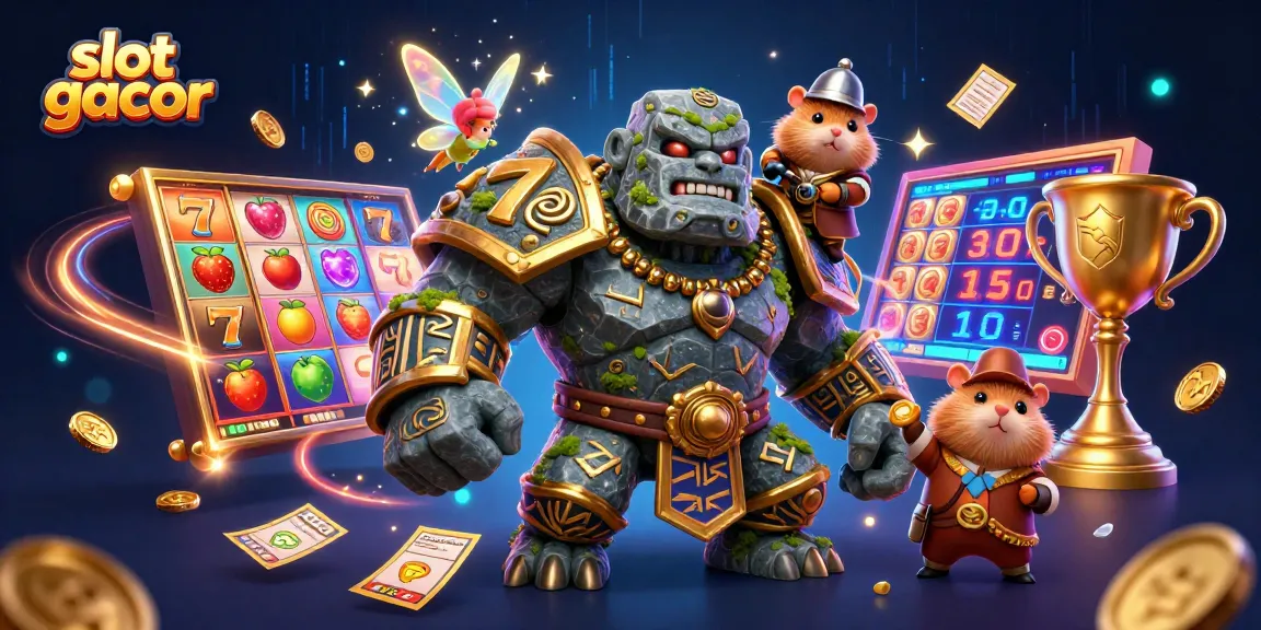 Slot gacor: Ilustrasi golem berharga dan mainan si hamster berperang di kasino fantastis