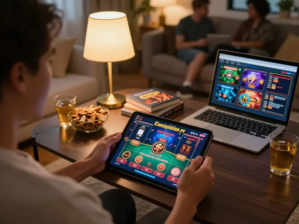 Person engaging in online gambling with tablet showing lsa casino app in comfortable home setting.