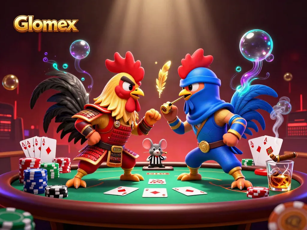 Engage in the Glomex showdown between roosters at a poker table filled with vibrant chips.