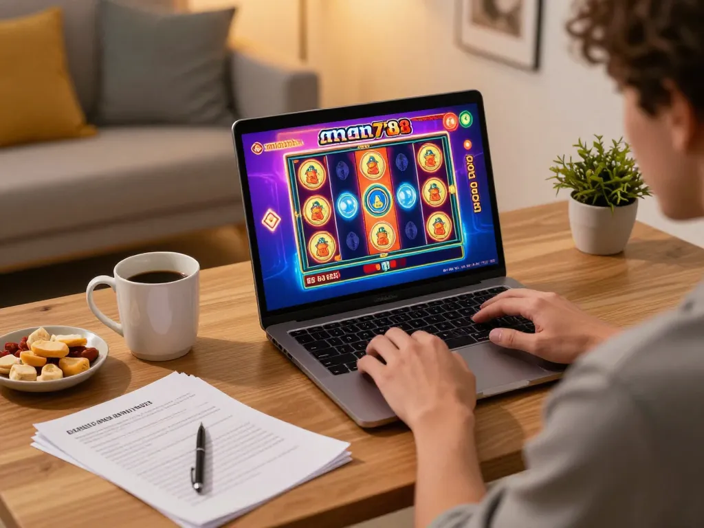 Seorang pemain menikmati aman788 slot gacor online di laptop di rumah, dikelilingi oleh makanan ringan dan catatan taruhan