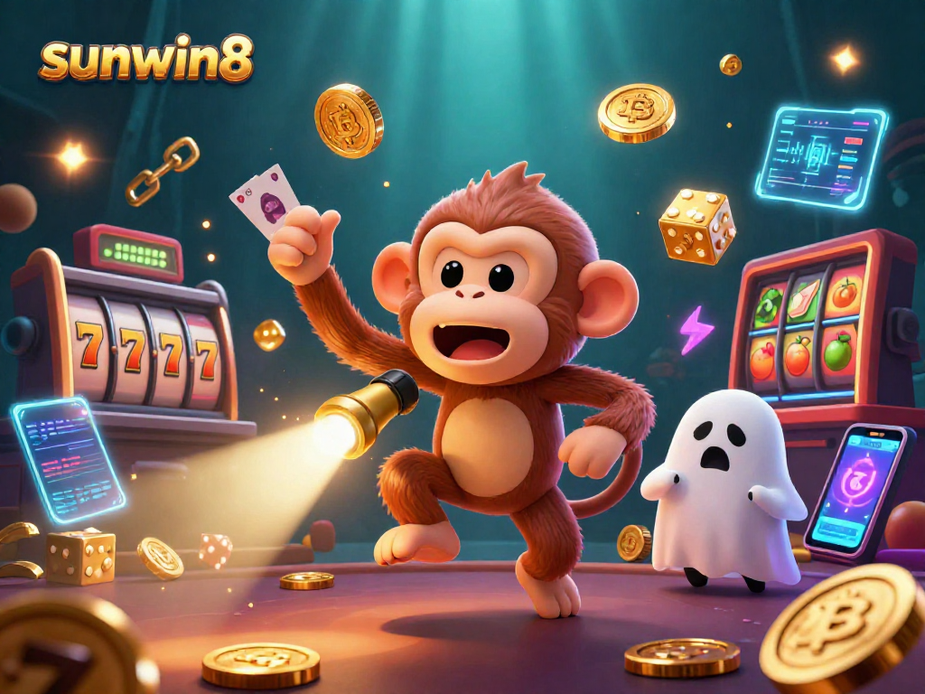 Experience the thrill of sunwin8 with a playful poltergeist monkey juggling coins in an enchanting casino.