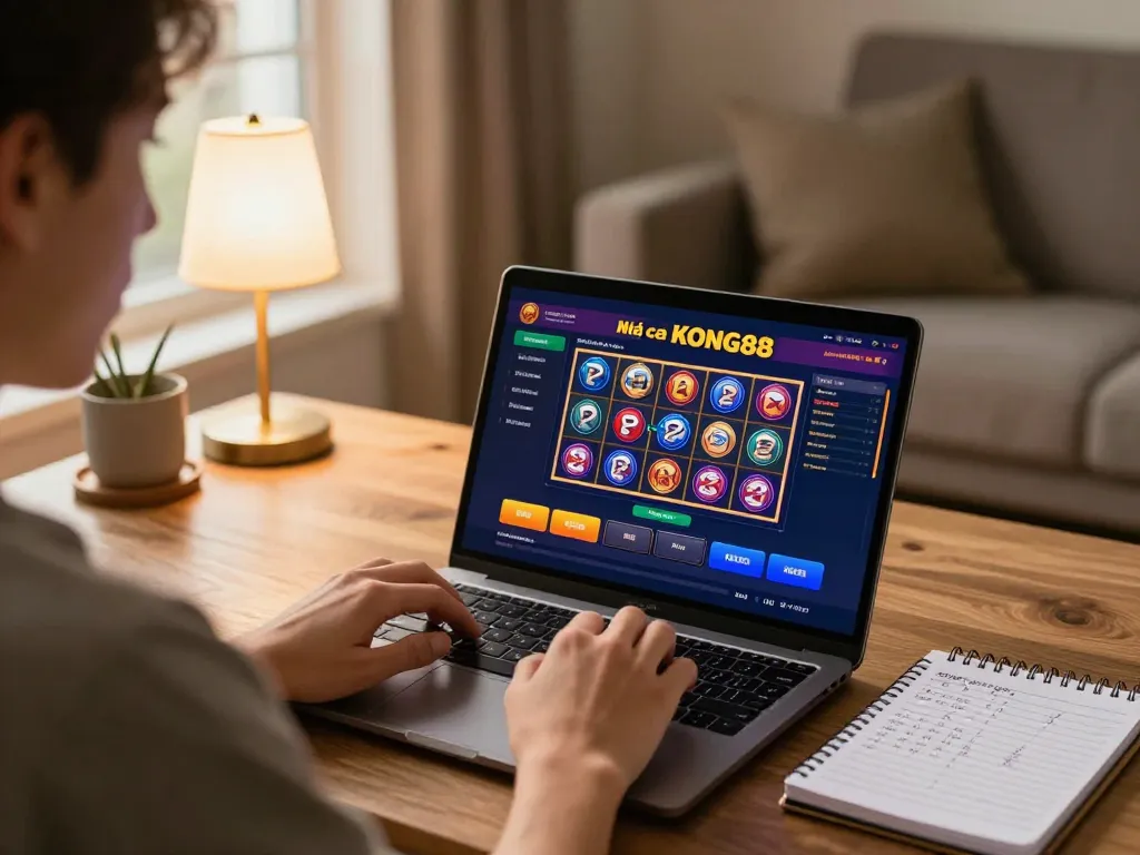 Engaging in online gaming at Nhà cái KONG88, showcasing vibrant slots and strategic betting.