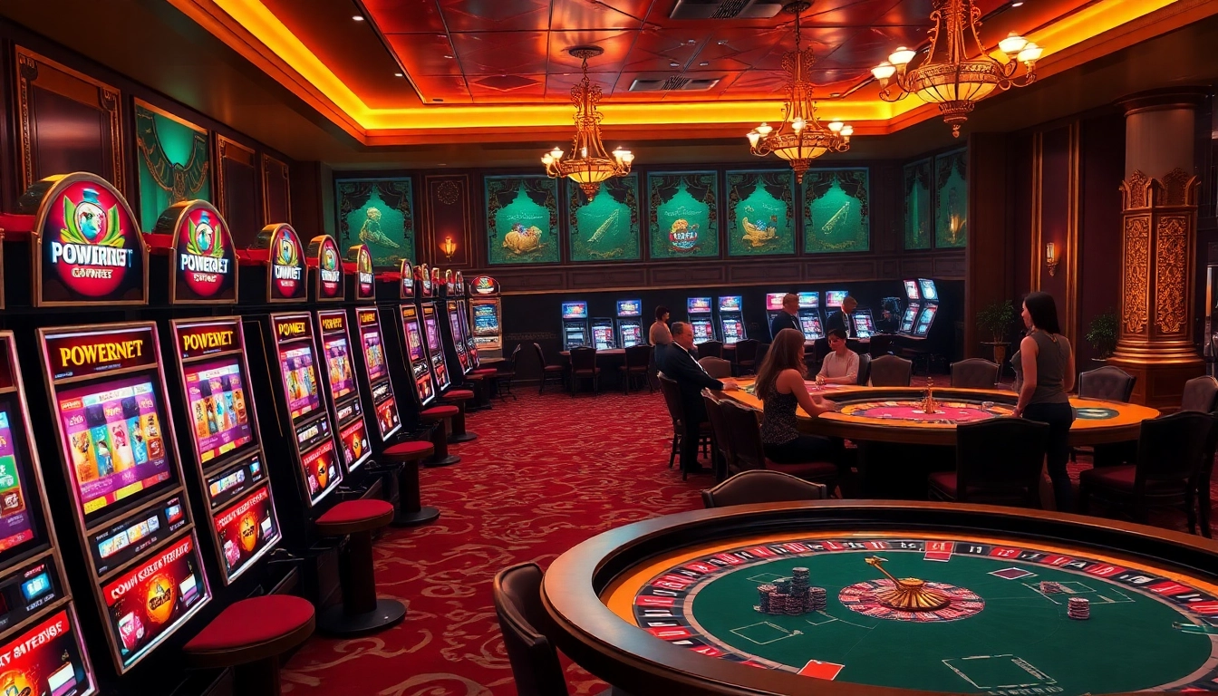 Players enjoying slot machines and poker at a lavish casino featuring POWERNET technology.