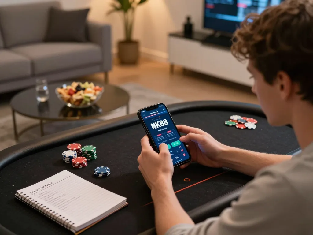 Engaging in mobile gambling with NK88 app showcasing exciting betting options on a smartphone, reflecting responsible play.