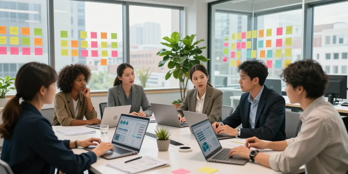 Tim profesional berkolaborasi di ruang kantor modern menggunakan balak66 untuk komunikasi dan kolaborasi yang aman.