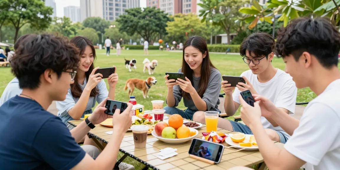 Engaged group playing mobile hentai games in a vibrant outdoor park.