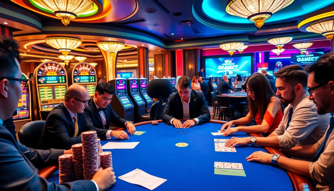 Players at a poker table enjoy the excitement of gambling on https://lclc88.com with chips and cards.