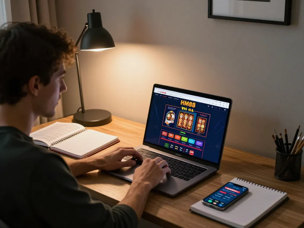Person engaged in online gambling at HM88 website from home office, focused and organized, responsible gaming.