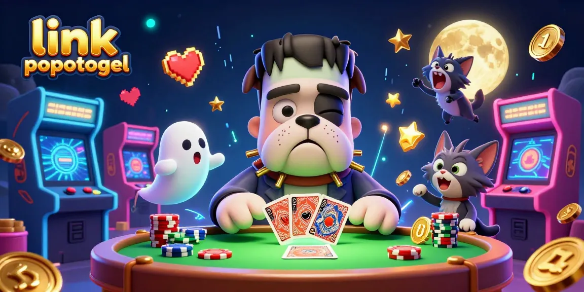 Engage with link popotogel as a 3D Frankenstein bulldog monster deals cards surrounded by vibrant casino elements.