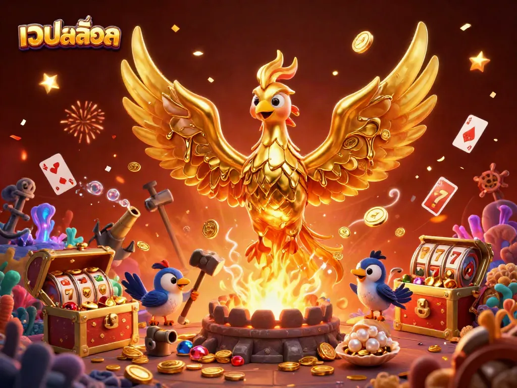 Engage with เว็บสล็อต through a dynamic scene of a molten gold phoenix and exciting game elements.