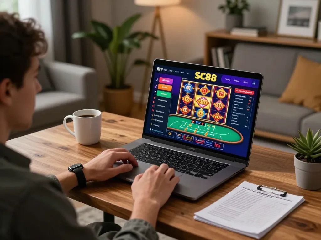 Player engaging in online casino games on SC88 platform at home with warm ambient lighting