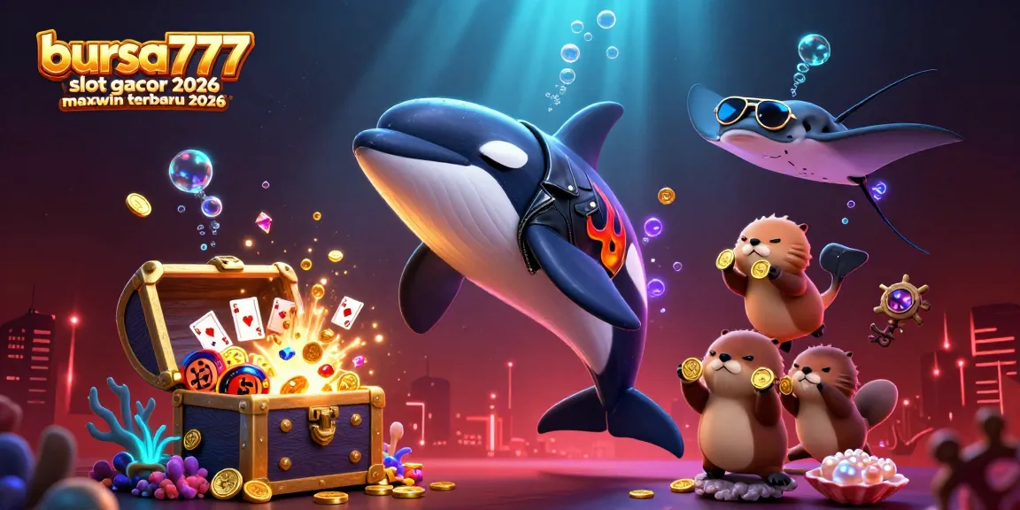 Bursa777 slot gacor 2026 maxwin terbaru 2026 showcases luck in 3D with vibrant casino elements and underwater characters.