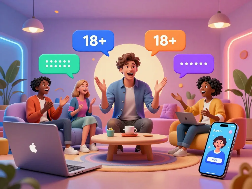 Engaging 18+ AI chat scene with diverse characters in an immersive virtual environment.