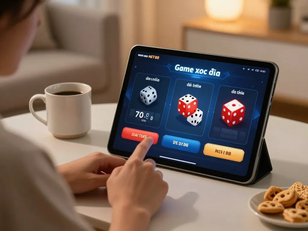 Engaging in Game xóc đĩa đổi thưởng NET88 on tablet in a cozy home setting