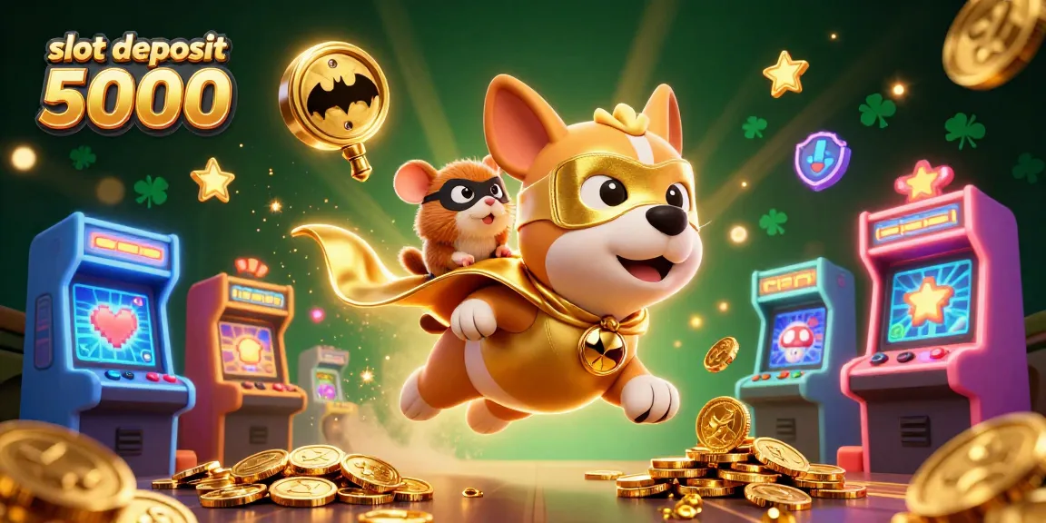 Fly high with the slot deposit 5000 superhero dog carrying gold coins amidst dynamic casino elements.