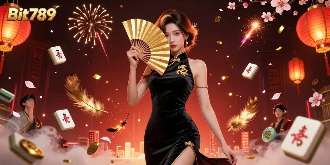 Engage with Bit789 in a vibrant, dynamic casino scene featuring an elegant Asian woman amidst golden mahjong tiles and festive elements.