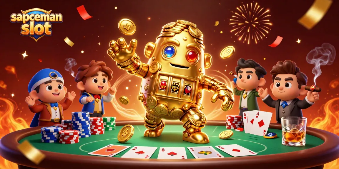 Engage with sapceman slot, where a golden golem meets poker action in this vibrant casino scene.