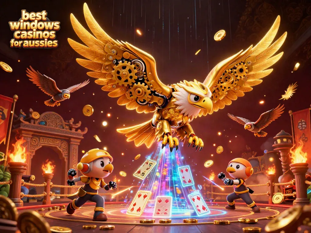Experience the thrill of the best windows casinos for Aussies with a cybernetic eagle soaring through holographic cards.