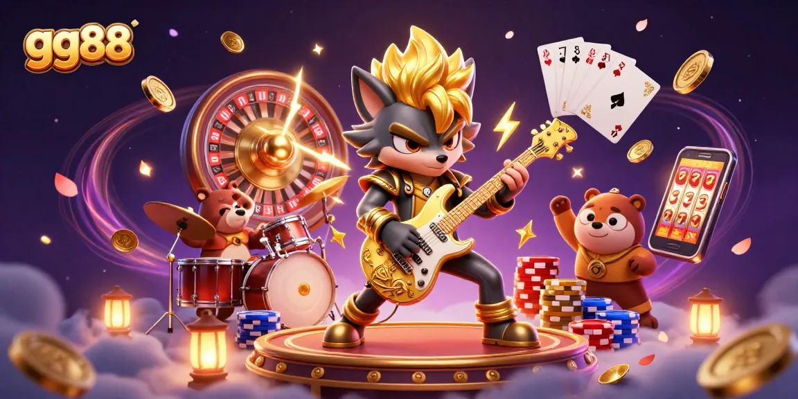 Experience thrilling action at gg88 with a rock star wolf and a drummer bear on stage.