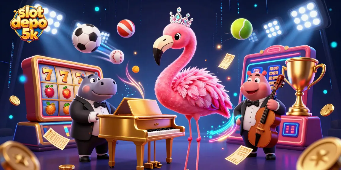 Engage with slot depo 5k in a vibrant casino scene featuring a flamingo singer and hippo bassist amidst flying slot reels.