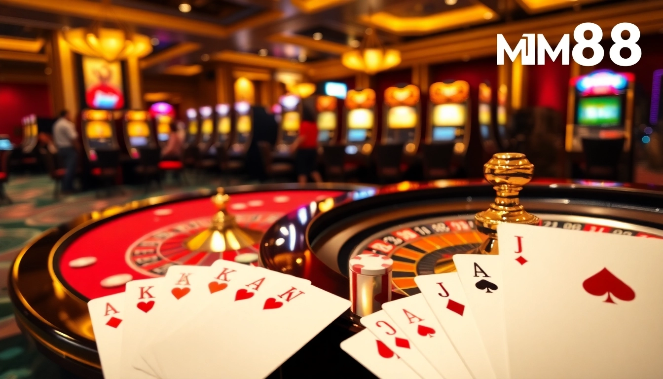 Experience the thrill of winning at MM88 with a luxurious casino scene, featuring roulette and poker cards.